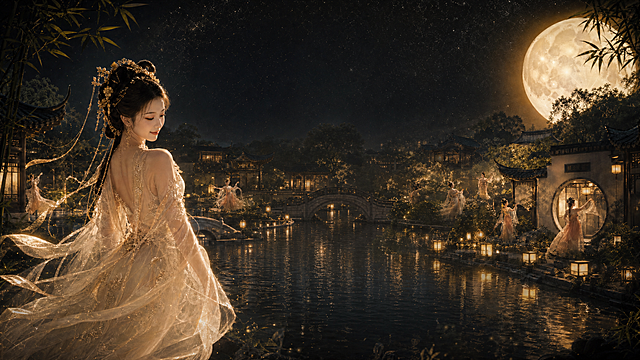 保留原横版新国风江南园林月夜古装美人画面，去除所有文字，生成横版纯净无文字背景图