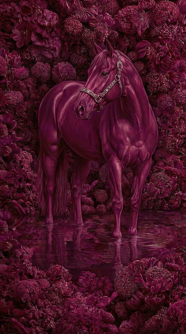 生成5张，不同的马匹的姿态，马匹要呈现出整体，被花团锦簌