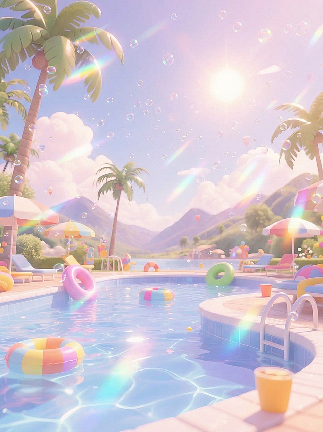 Create an image of a seaside, summery atmosphere, with soft, hazy pastel colors, holographic light streaks, and tiny holographic bubbles floating in the air, while maintaining the original image details.