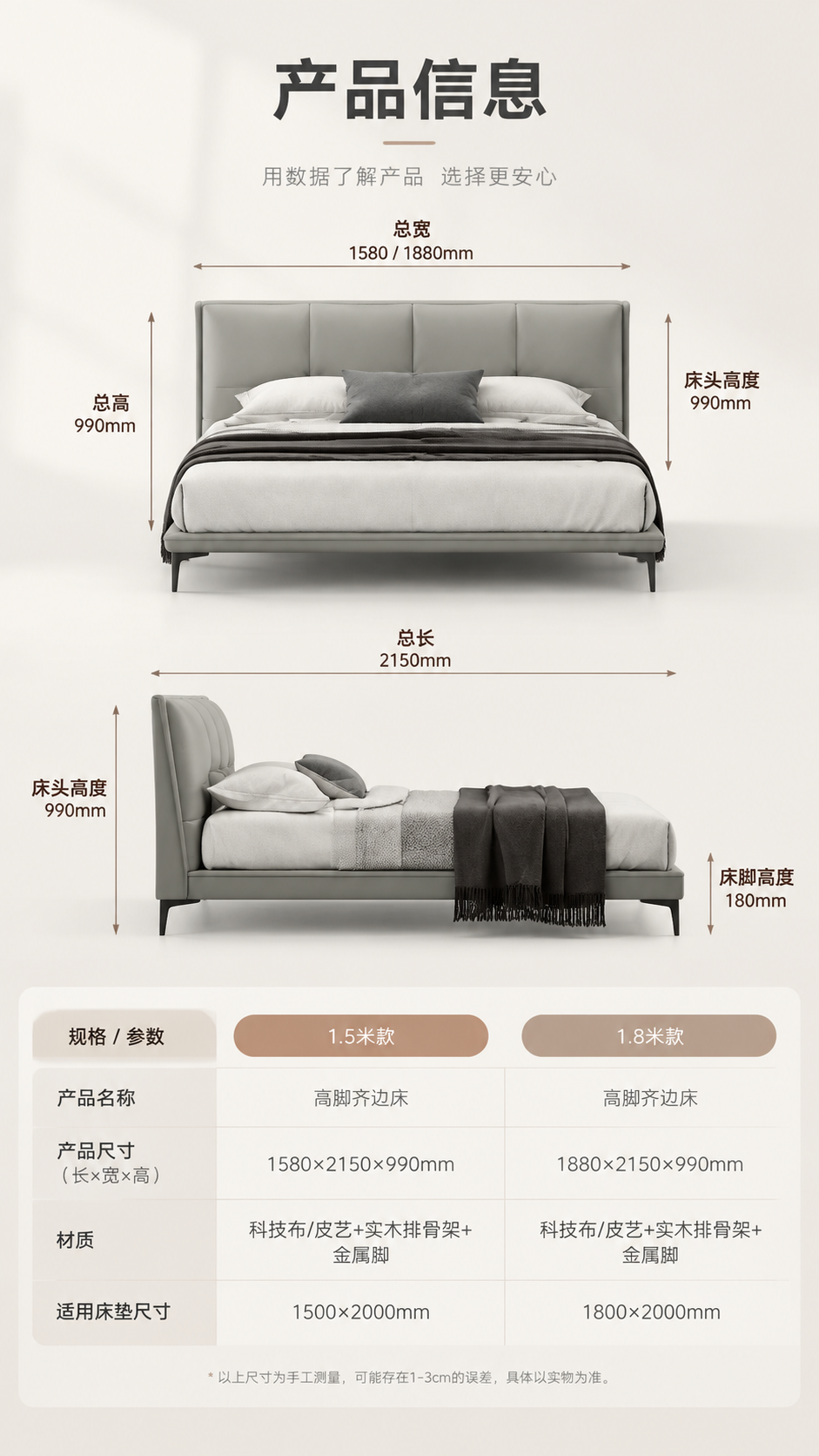 [商品] 使用【图1】浅灰色高脚齐边床正视图；保留齐边床身、高… - 图片创意预览
