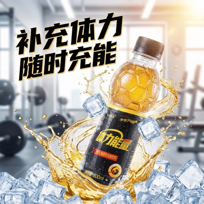 基于上传的体力能量维生素风味饮料图片，生成2张1:1比例适配抖音的产品宣传图，保持产品外观与原图一致，第一张是活力运动风，饮料搭配冰块和飞溅的液体，背景为健身房场景，突出清爽解渴的感觉，配文字“补充体预览效果