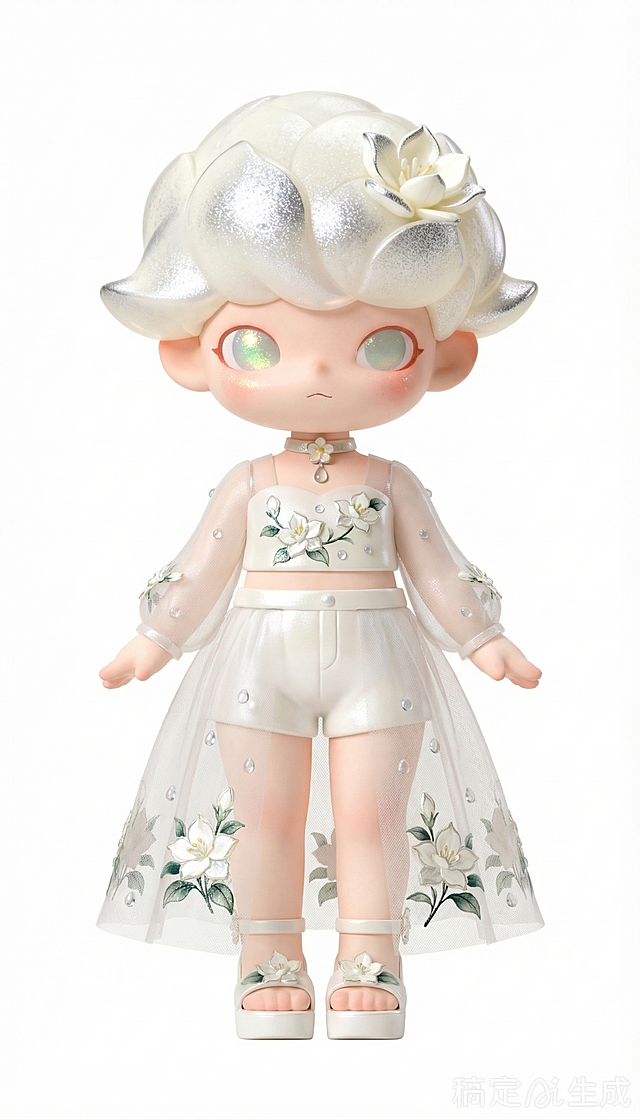 基于参考角色，保持原角色特征和发型不变，设计一套纯欲风辣妹现代衣服搭配，融入茉莉、清露元素，白色背景