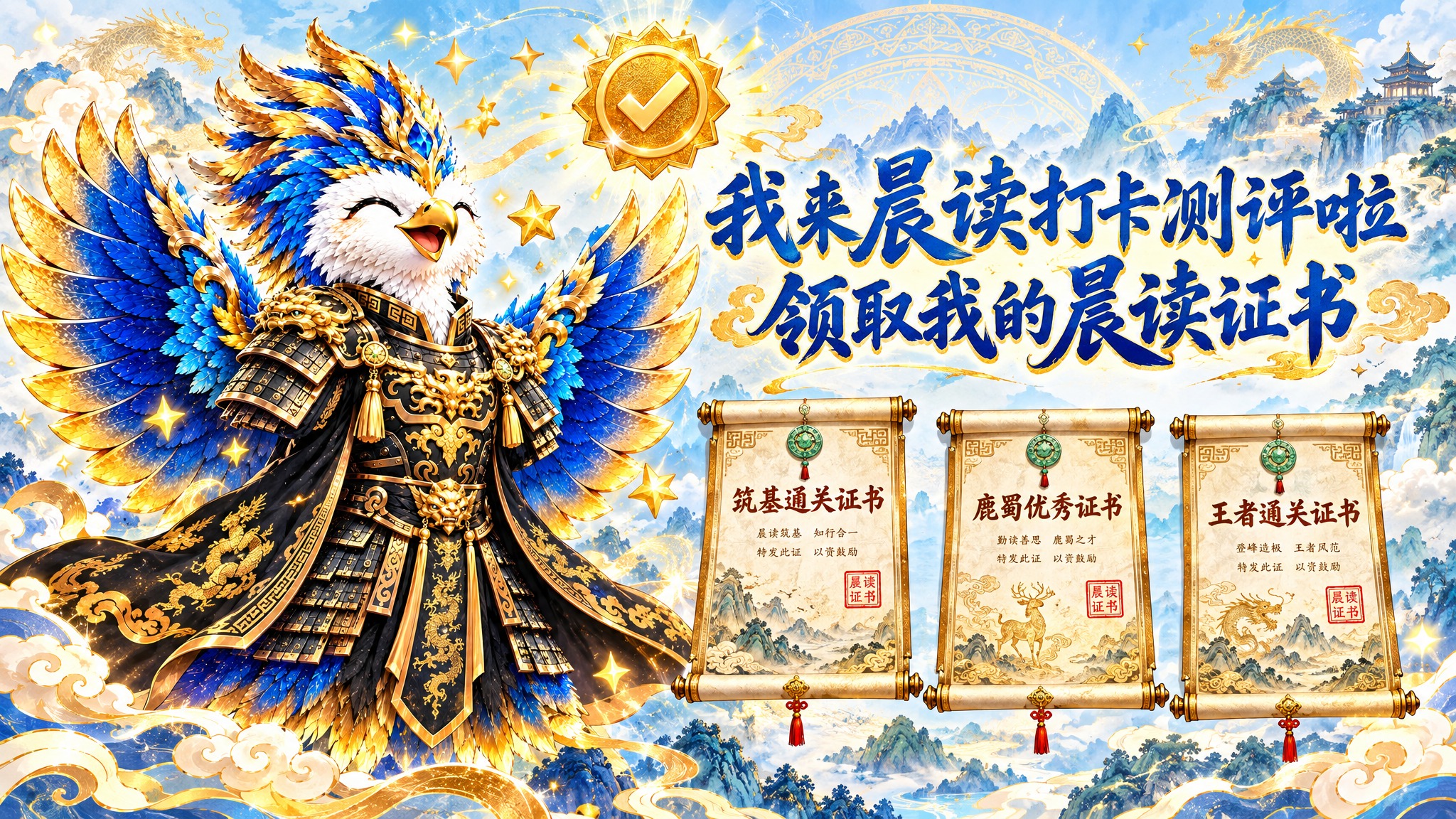 国风晨读证书宣传图，1080乘605像素。左侧是穿铠甲、展翅开… - 图片创意预览