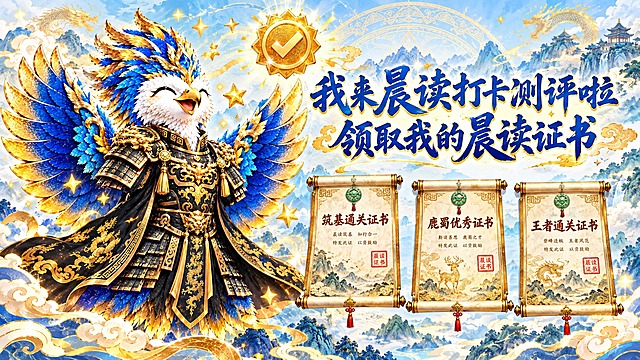 国风晨读证书宣传图，1080乘605像素。左侧是穿铠甲、展翅开心的雄鹰神兽，蓝金羽毛，周围金色星星和对勾徽章，表情兴奋。右侧上方大字：我来晨读打卡测评啦 领取我的晨读证书。下方展示三种证书样式，从左到右依次是：筑基通关证书、鹿蜀优秀证书、王者通关证书，古风卷轴样式，精美大气。蓝色和金色书法字体。浅蓝渐变背景配祥云远山，荣耀励志的国风风格。