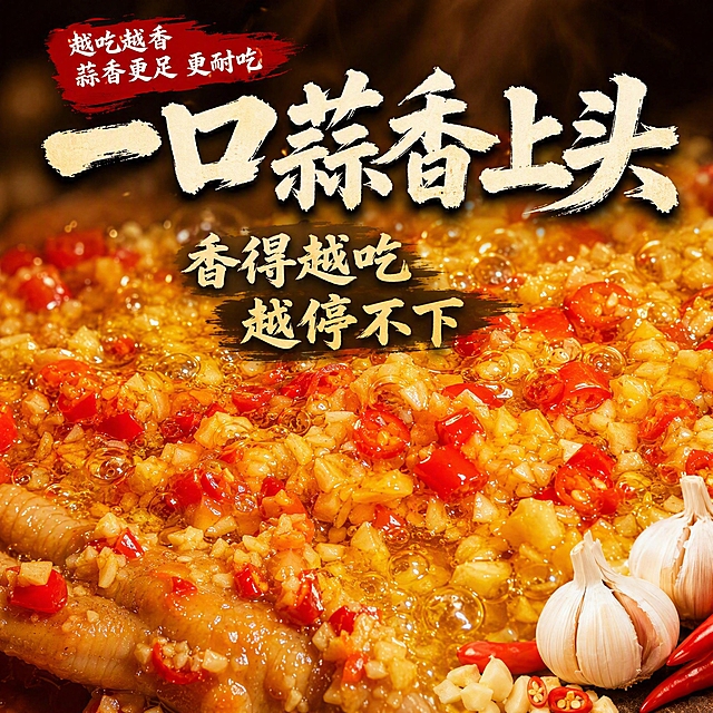 [主图-2] 口味图，一口蒜香上头，越吃越停不下来，突出蒜香更足更耐吃。
[统一基调] 抖音风格大师实拍，暖棕红油亮色调，自然暖阳逆光，粗厚书法体主标题米白色带轻微阴影，辅助文案用清爽黑体字号缩小一半以上，强调色用辣椒红与蒜米白，整体高饱和高通透强食欲。
[画面] 上下排版，标题放中上，副标题放中部偏下。画面主体为微距特写视角的蒜蓉小米辣浇头，金黄蒜末与鲜红小米辣圈在油中翻滚冒泡，油花透亮颗粒分明，右下角点缀大蒜和小米辣元素，下方隐约可见裹满蒜蓉的鸭爪一角。整体为沸腾蒜蓉酱的诱人动态瞬间，油泡饱满有光泽。
[光影质感] 暖光从斜上方打下来，油泡表面有高光反射，蒜末颗粒有立体感，油体金黄通透有浓稠感，整体热气腾腾香气扑鼻。
[配色] 背景为深棕暖调虚化，主标题米白色，副标题浅金色，角标红底白字。
[文字版式] 左上角角标小字两行：第一行「越吃越香」第二行「蒜香更足 更耐吃」；中上位置主标题两行大字「一口蒜香上头」；中部偏下副标题两行「香得越吃越停不下」；字体统一为粗厚书法体，主标题最大，副标题约为主标题50%大小，角标最小。文字不遮挡蒜蓉浇头主体。
[输出要求] 1:1正方形，文字清晰无错字，蒜蓉颗粒清晰油亮有食欲，画面干净无多余杂物，禁止变形、模糊、水印、平台Logo、二维码、绝对化用语。