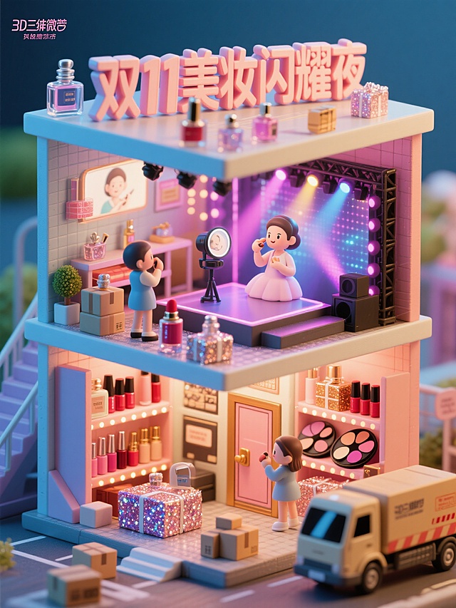 梦幻感与可爱感交织的3D微缩艺术场景，软3D风格搭配霓虹灯效，展现双11美妆闪耀夜的甜蜜氛围，卡通人物与塑料质感元素营造出童趣十足的购物狂欢。