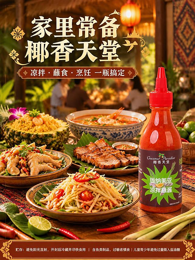 以图1电商详情图为底图，仅替换画面中的产品主体：将图中原来的蘸酱瓶替换为图2中的该产品瓶身。要求：1）严格保留图2瓶身的外形轮廓、红色瓶盖与尖嘴形状及整体比例，不得改变瓶身形状；2）标签内容必须与图2完全一致、原封不动照搬——标签上的文字（LOST HEAVEN、Coconut Paradise、椰香天堂、版纳美亚、凉拌蘸酱、净含量等）不得改动、不得出现乱码、错字、缺字或变形，标签上的 Logo 图案保持不变；3）瓶内液体颜色保持图2中的红色不变；4）除产品主体外，画面其余元素（食物、背景、光影、其它文字与排版）全部保持不变。5）将图中所有出现的“花马天堂”字样全部改为“椰香天堂”，其余文字保持不变。