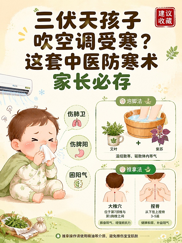 展示孩子吹空调受寒症状及中医泡脚、推拿防寒方法，配以艾叶紫苏和穴位图示，适合母婴亲子健康科普使用