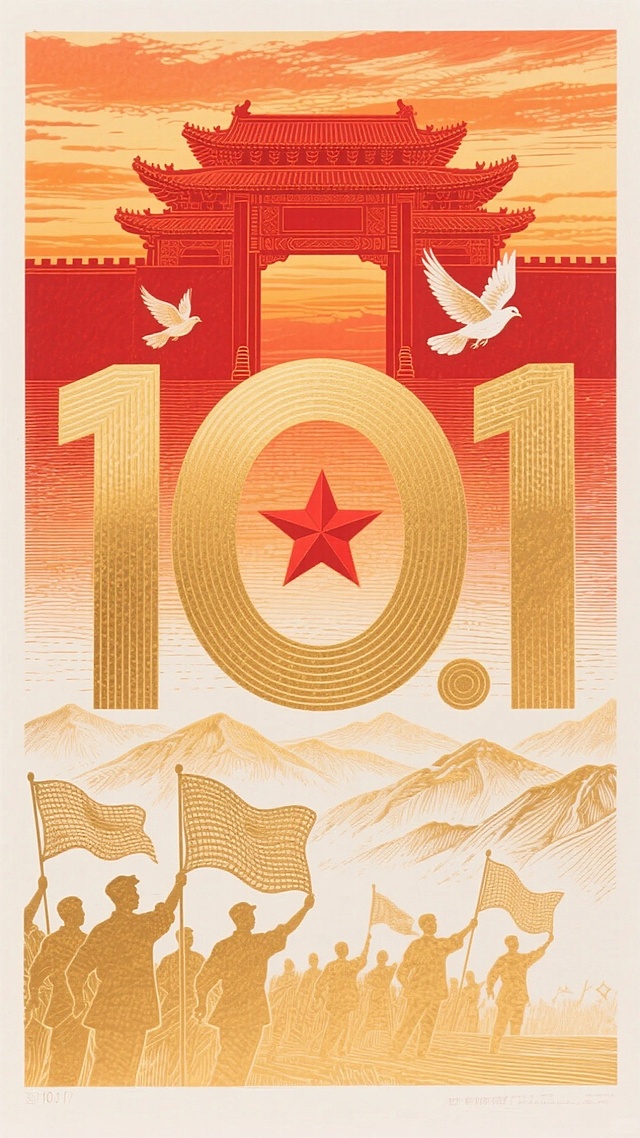 国潮风插画，融合剪影与版画手法，以红金主色调呈现天安门、和平鸽与“10.1”大字，彰显喜庆、政务与民族精神，传递国庆节日氛围。