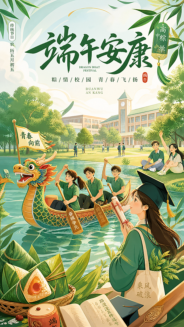 端午节主题插画海报，国潮插画风，明亮清新，大学校园场景，融入端午节元素粽子、龙舟、艾草，包含装饰元素粽子、竹叶、书卷、学士帽、龙舟桨，营造青春活力氛围，将传统节日与校园结合，主色调为竹绿、粽叶青和暖黄