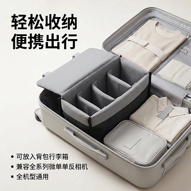 [主图-5] 产品使用场景展示图，展示便携收纳特性。
[氛围风格] 简约商务，场景自然干净
[画质] 商业摄影质感，光线均匀柔和通透，产品清晰真实，画面干净高级，画质细腻，2k分辨率，文字清晰锐利
[元素] 相机内胆包放置在打开的旅行行李箱中，展示其可轻松收纳的特性，保持相机内胆包外观结构、材质质感、颜色与输入产品图绝对一致，杜绝任何变形色差，行李箱简洁干净，不抢主体，商品内胆包主体占比约60%，背景干净简洁，无多余杂物
[光影] 自然柔和光线，光影均匀，清晰展示收纳状态，突出便携特性
[配色] 整体低饱和浅色调，产品黑灰突出，对比清晰
[文字版式] 左上主标题 "轻松收纳 便携出行"，黑色粗体大字；左下角三个卖点短句：可放入背包行李箱、兼容全系列微单单反相机、全机型通用，文字整齐排列不遮挡产品主体
[比例分辨率] 1:1 比例，2k 分辨率，超高清
[负向提示词] 变形，水印，文字错乱，产品图模糊，背景杂乱
