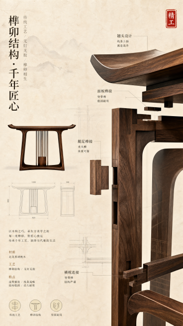 新中式家具工艺展示屏，竖版9:16比例，黑胡桃木翘头案局部结构特写，展示精密咬合的榫卯连接细节，呈现无钉无胶工艺。采用解构式布局：左侧放置完整案几小图，右侧放大展示榫卯节点，线条标注文字"榫卯结构·千预览效果