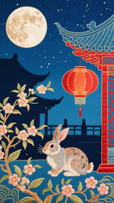细腻丝线绣出月兔与桂花，金线勾勒天安门剪影，背景为深蓝夜空与满月，国庆红灯笼点缀，中秋与国庆双节氛围，国风插画，超高清8K，对称构图，金色与朱红色调预览效果