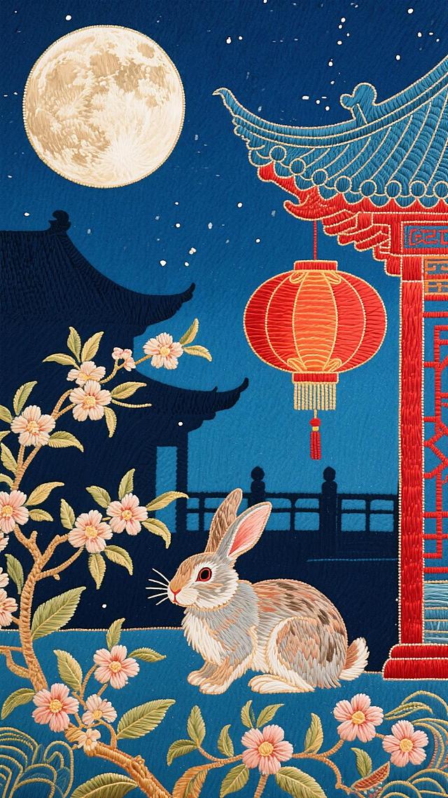 工笔刺绣风融合浮世绘元素，月夜庭院中玉兔静坐，红灯笼高悬，樱花绽放，中式古典与梦幻喜庆交织，尽显中秋静谧之美。