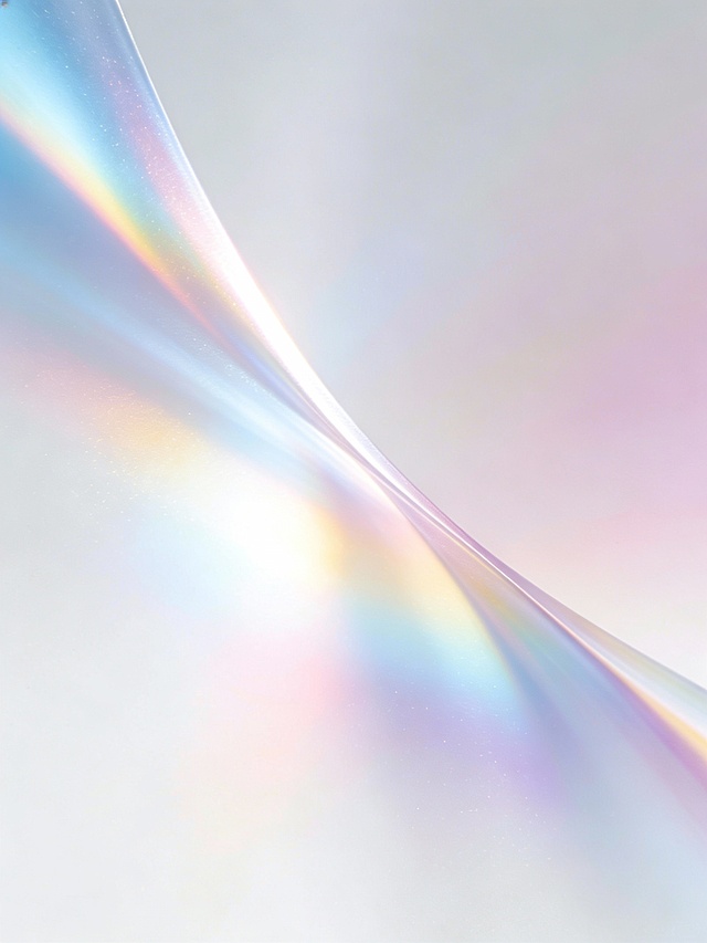 极简风格的柔和渐变背景，以纯净的白色为基调，融入细腻的彩虹色光带，呈现出梦幻般的光晕效果。光线从画面左上角斜向右下方延伸，形成流畅的曲线，色彩过渡自然，包含淡蓝色、淡粉色、淡紫色和淡黄色等柔和色调。整体画面通透轻盈，光影层次感丰富，具有高透明度，适合作为设计中的光影叠加素材使用。