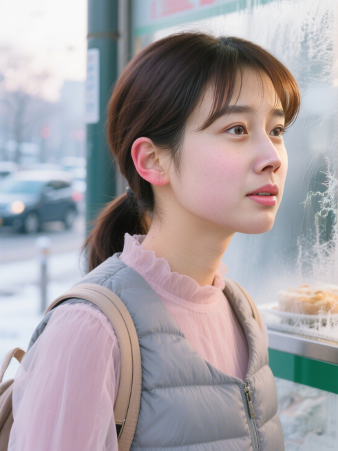 场景创意：冬日清晨的公交站 · 他忽然从身后递来一杯热豆浆的瞬间
镜头定格在一张年轻女子的面部特写上，框定自发际线至锁骨上方。她站在街角公交站台，穿一件柔灰粉细纱罩衫外搭短款羽绒背心，肩带因背包滑落歪预览效果