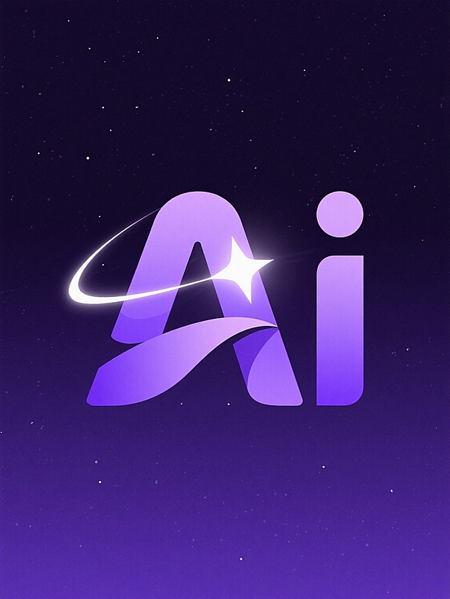 抽象风格科技公司标志logo，纯色星空紫背景，字母'Ai'抽象设计，中心嵌入发光星体，品牌名称'Ai'采用流线型字体，流星滑过动态效果，扁平化极简风格，光线均匀，细节清晰，强调标志辨识度和专业性，设计大师作品，排版专业，对比合理