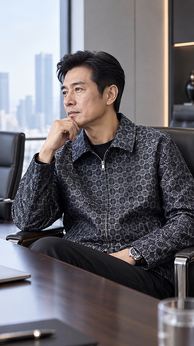 50岁左右亚洲男性高端商务人士，身穿图中这件深色满版印花翻领拉链夹克，服装款式、印花图案、颜色、拉链、领标等所有细节完全保持不变，没有任何修改。人物坐在高端会议室的皮椅上，侧身45度角度，手托下巴作思考状，背景是现代简约高端会议室，气质成熟稳重，高端商务质感，自然光，高清真实人像摄影，9:16竖幅构图