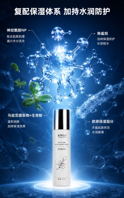 [第4屏] 核心成分解析（下）-神经酰胺NP+角鲨烷+马齿苋+胶原保湿组分。本屏使用【图5】作为成分展示参考。
[氛围/风格] 纯净科研感，微观分子视角，高级成分机理展示，成分元素大尺寸占屏。
[元素预览效果