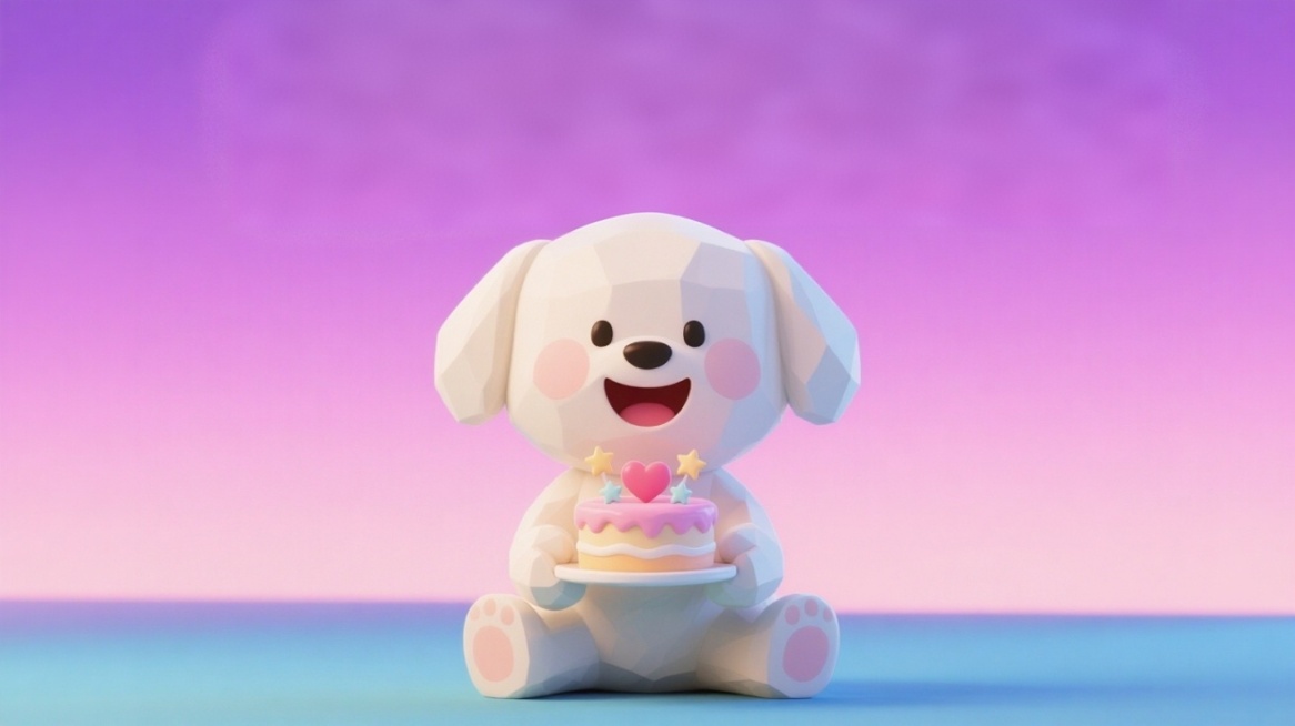 低多边形3D风格，一只开心笑着的米白色小狗，前爪捧着爱心蛋糕，蛋糕点缀星星与鹊桥剪影，渐变粉紫天空配云朵星点，顶部文字“七夕·甜满心间”，圆润白字带阴影预览效果