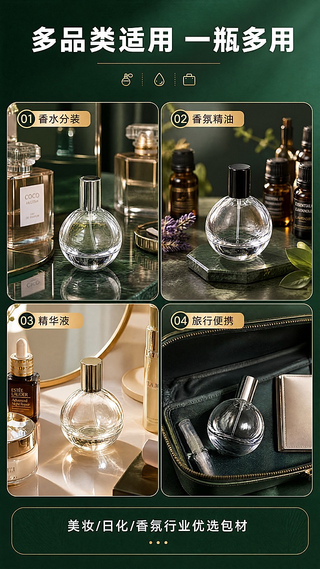 [商品] 使用【图5】球形透明玻璃香水瓶；保留球形瓶身、透明玻璃、金属瓶盖、卡口结构；瓶身造型与原图一致，不改变比例。
[画面] 第8张多品类适用场景页，目标展示产品广泛用途；多场景拼图布局，2x2四格场景：①香水专柜/美妆台场景 ②香薰精油陈列场景 ③化妆台/梳妆台场景 ④旅行便携收纳场景；每格中有香水瓶融入对应场景，产品在各场景中自然摆放。
[视觉] 套系策略：风格=1688工厂批发风·高级商业摄影；标题字=粗黑体；正文字=简洁黑体；主色=墨绿+透明玻璃+金属金/银/黑；背景延展=基于墨绿色做深浅渐变、同色系明暗层次和细腻哑光质感；强调色=香槟金，仅用于小面积图标、引线和标签；标题色=白色；正文色=浅灰白；组件=圆角信息卡、细线引线、金属质感标签；光影=各场景内自然光感，整体色调统一协调。
[文字] 顶部主标题"多品类适用 一瓶多用"，四格分别标注：香水分装、香氛精油、精华液、旅行便携；底部副标题"美妆/日化/香氛行业优选包材"。文字均为横排。
[规格] 图片比例9:16竖版，4K，避免变形、螺口瓶口、文字竖排、场景违和、产品比例失调、极限词。