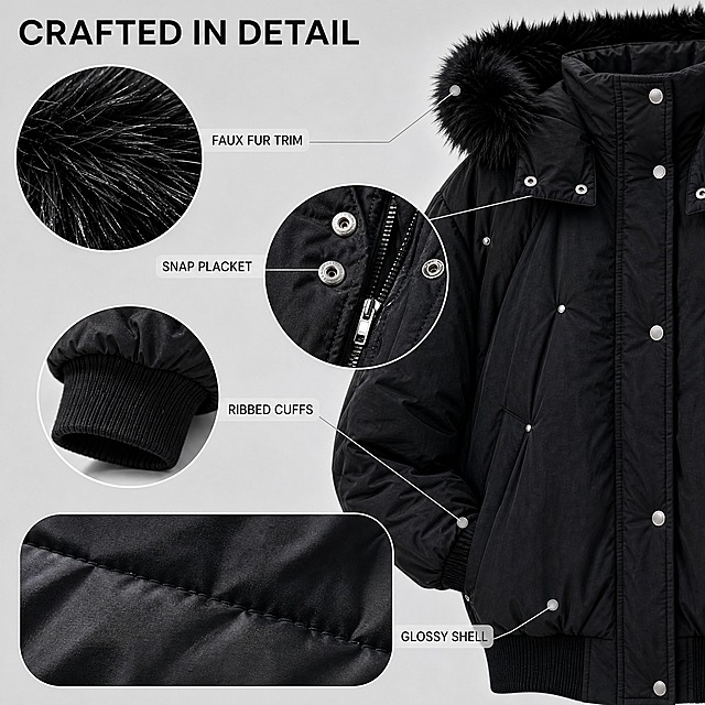 [主图-3] Women's Black Faux Fur Hooded Puffer Jacket（商品名称）——唯一任务：用微距细节证据讲清材质与做工。
[统一基调] 全组统一视觉：冬日都市简约时尚摄影，浅冷灰背景体系；标题字色近黑 #111111，辅助字色中灰 #6B6B6B，强调色冷银灰 #B8BCC0；全套只用一种无衬线几何字体外观，细线描边引线配无边框半透明浅底。
[画面] 以这件黑色短款毛领连帽加厚外套的四个真实局部作为证据组件：左侧为毛领绒毛超近距特写，绒毛根根分明、蓬松有层次；中上为门襟金属按扣与隐藏拉链的斜角微距，冷银金属光泽、缝线均匀；右下为罗纹针织袖口与下摆的微距，罗纹立体、收紧有弹性；下方一条为光滑微亮锦纶面料的微距，呈现织物纹理与横向夹层绗缝。四个放大窗均带细英文名称标注，以细引线连接画面；窗与窗之间用柔和浅灰棚拍空间自然过渡，不做生硬分割与厚重边框；产品局部保持与输入产品图一致的材质、颜色与结构。
[光影质感] 高质感静物棚拍光，柔光箱加窄光束侧光，突出绒毛蓬松感、金属按扣冷高光、罗纹立体阴影与面料微亮缎面反射，浅灰背景干净无杂色。
[配色] 黑白灰为唯一配色，背景浅灰，强调色只用于引线与标签。
[文字版式] 画面上方横排标题 "CRAFTED IN DETAIL"；四处引线标签 "FAUX FUR TRIM"、"SNAP PLACKET"、"RIBBED CUFFS"、"GLOSSY SHELL"，标签文字深黑、字号明显小于标题；文字放在负空间，不遮挡细节主体。
[输出要求] 比例 1:1，细节放大清晰、材质真实；负向：纹理模糊、错字、乱码、水印、平台 Logo、中文文字、结构变形、颜色偏差。