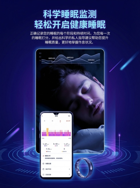 修改这张智能戒指商品图：调整为1200*1600像素，3:4比例，调节图片中元素位置以适配新尺寸比例，保持产品主题外观、细节不变，保持画面表达的主要内容不变，优化为科技感冷蓝紫主题风格预览效果
