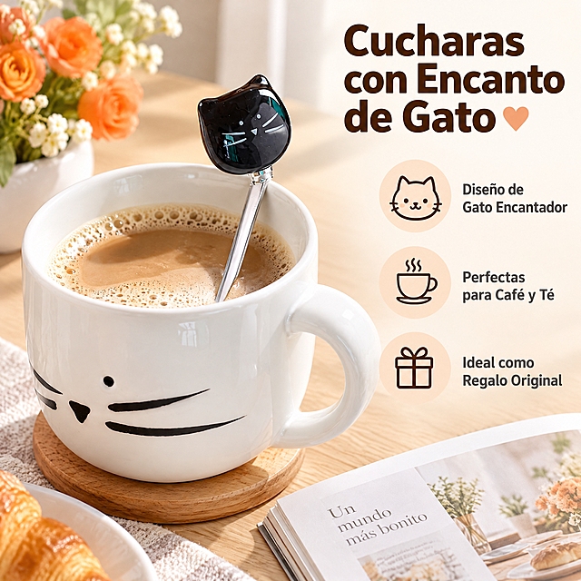 [主图-2] Juego de 6 cucharas de acero inoxidable con diseño de gato，核心卖点图，展示可爱猫咪造型与使用场景。
[统一基调] 跨境亚马逊信息图风格，浅米色+浅木色家居背景，整体明亮洁净，标题字色为深棕色，辅助字色为中灰色，强调色为柔和橘粉色，无衬线粗体字体，简洁现代。
[画面] 画面主体是一把猫咪小勺斜放在一只白色陶瓷咖啡杯的杯沿上，勺头的黑色猫咪脸俏皮地露在杯外，勺身浸在杯中，呈现真实使用状态。背景是整洁的北欧风格餐桌一角，浅木色桌面，旁边有一小束橘色小花和一本打开的杂志，营造温馨早餐或下午茶氛围。画面右侧有简洁的3个图标+短句卖点区域，从上到下分别是：猫咪头像图标配"Diseño de Gato Encantador"、咖啡杯图标配"Perfectas para Café y Té"、礼物盒图标配"Ideal como Regalo Original"。每个图标小巧精致，文字简短清晰。产品占画面约60%，使用场景自然真实。
[光影质感] 自然窗边柔光，主光从左侧来，光线柔和温暖，不锈钢勺身有自然反光，陶瓷杯有细腻釉面质感，桌面有柔和阴影，整体温馨通透。
[配色] 背景主色为浅木色+米白色，点缀橘粉色花朵，文字深棕色，图标为细线条深棕色，整体色调温暖柔和统一。
[文字版式] 所有可见文字为西班牙语，无衬线粗体标题，辅助文字字号缩小50%以上，文字放在右侧负空间，不遮挡产品主体。标题为"Cucharas con Encanto de Gato"，分三行排列。
[输出要求] 1:1正方形比例，2K分辨率，产品清晰，文字清晰可读，场景自然，无变形无错字无水印无平台Logo，保持产品外观与参考图一致。