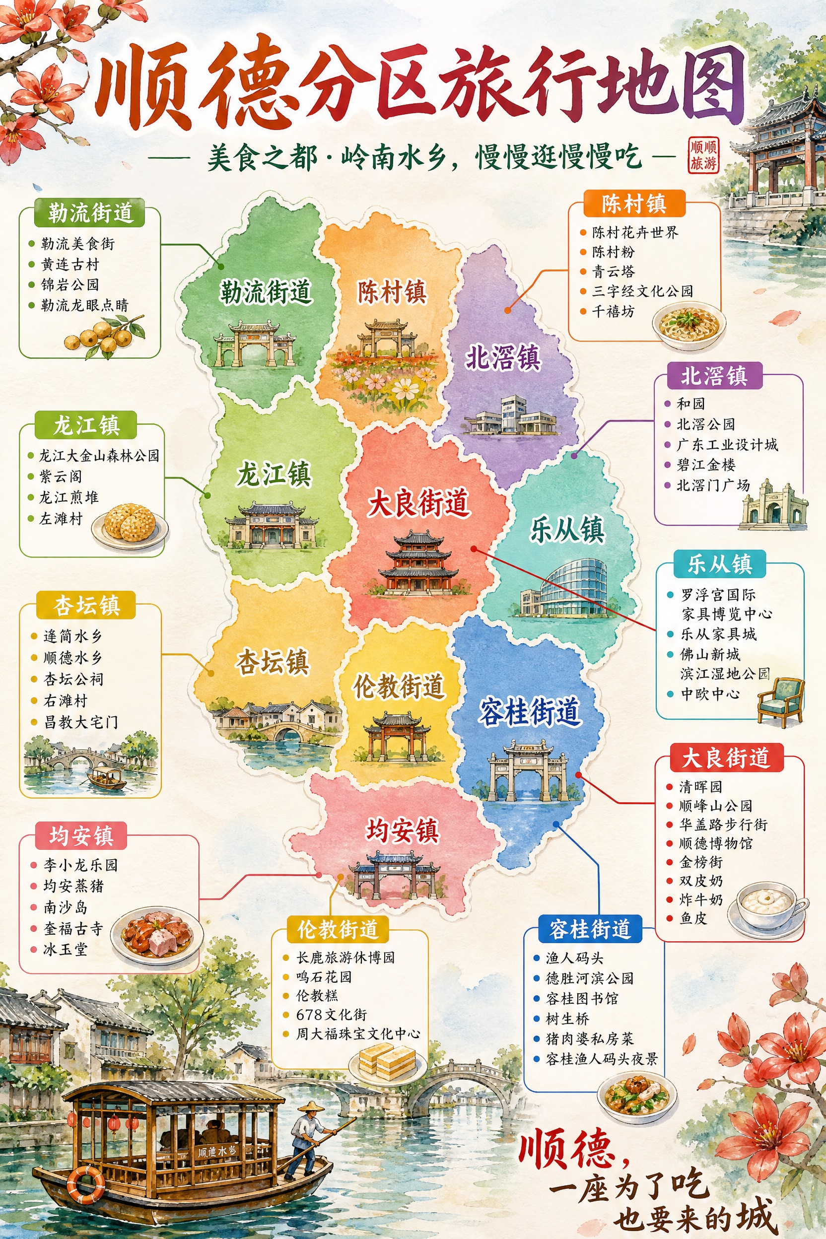 一张精美的佛山市顺德区分区旅行导览图，手绘水彩清新风格，竖版构… - 图片创意预览