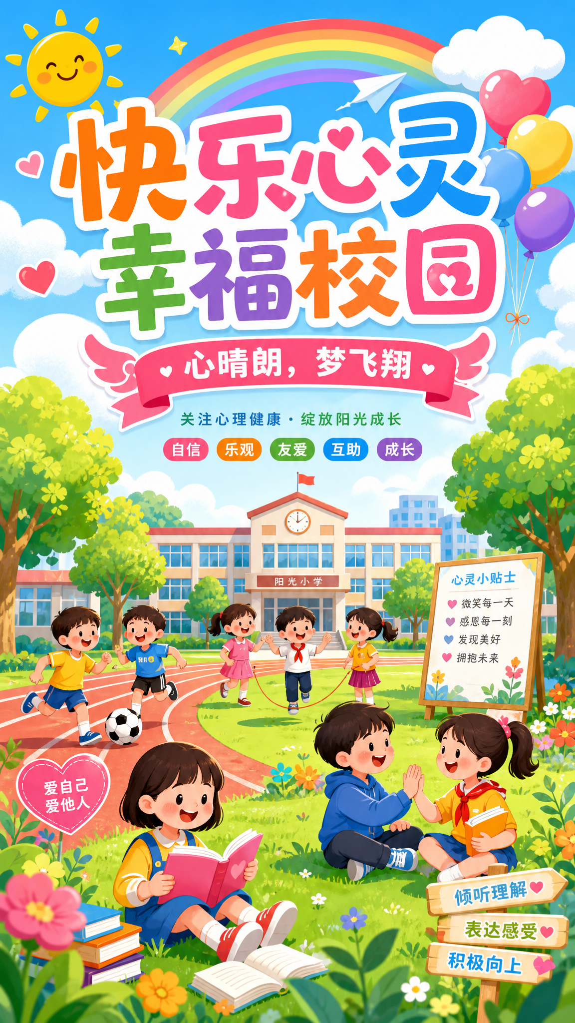 小学生心理健康主题电子海报，主题为"快乐心灵，幸福校园"，口号… - 图片创意预览