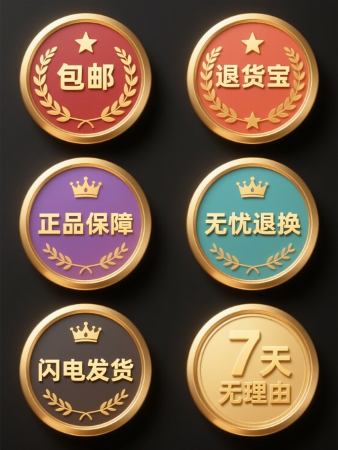 6个规整排布的圆形促销标签，每个标签采用纯色背景（不同颜色），具有金属质感的金色边框，内部包含金色的装饰性花纹（如星星、月桂叶）和一个小皇冠图标，标签中央为中文促销文案（分别为“包邮”、“退货宝”、“正品保障”、“无忧退换”、“闪电发货”、“7天无理由”），文字为金色加粗字体，整体风格与原图的金色徽章设计保持一致，具有突出的视觉层级和信息传达效率。预览效果