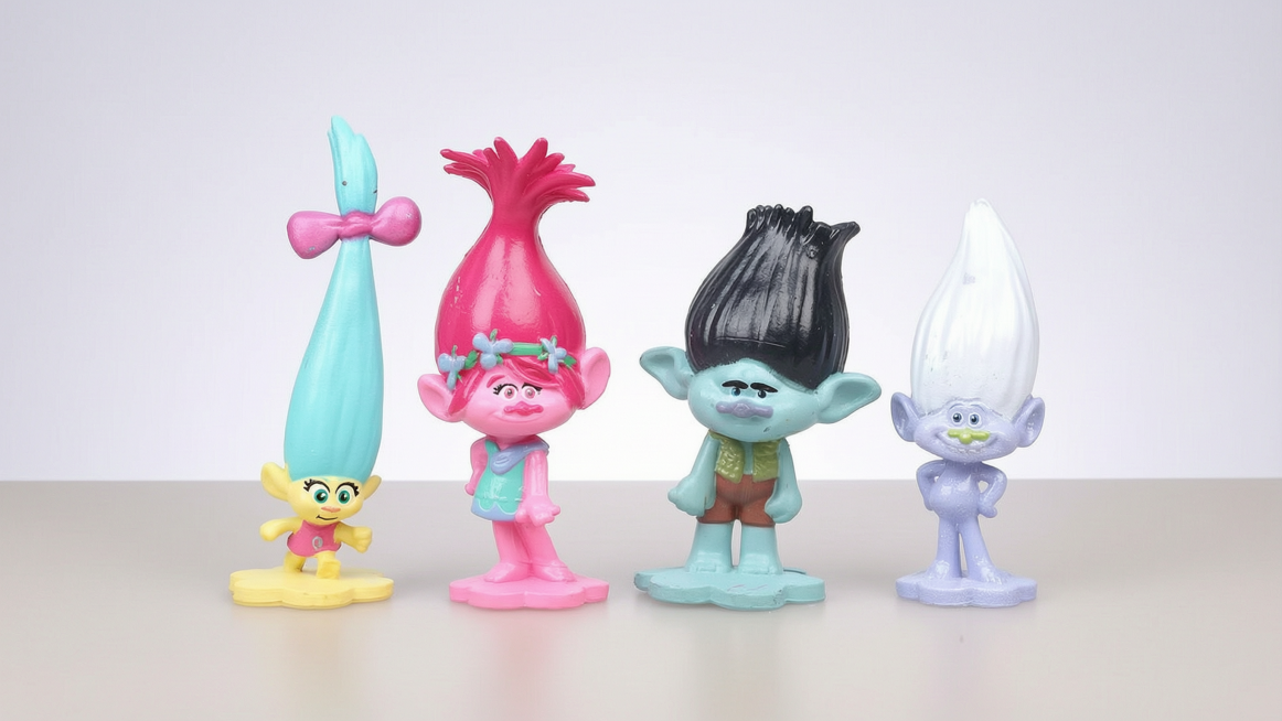 Four small magic hair troll hand figurines from the original image placed on a modern desktop, creat预览效果