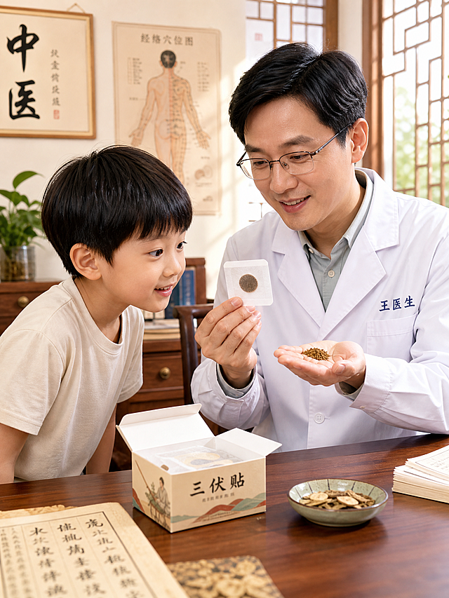 中医诊室里，王医生手持一片三伏贴，另一只手展示中药粉末，桌上打开着敷贴小盒子，小乐好奇地凑近观看，整体氛围温馨自然，明亮干净