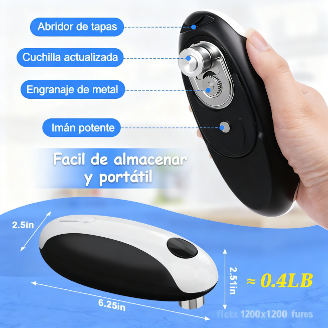 基于原图，将所有英文文字替换为西班牙语：
1. Lid Remover → Abridor de tapas
2. Upgraded Blade → Cuchilla actualizada
3. M预览效果