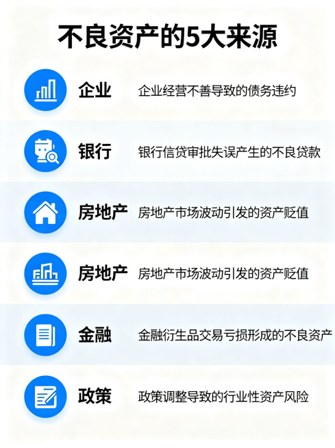 金融信息图，标题是“不良资产的5大来源”，用五个图标搭配文字列出五个要点，每点占一行，风格简洁，配色以蓝白为主预览效果