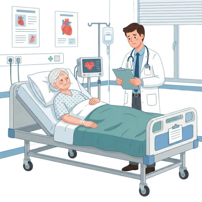 让图中老奶奶躺在病床上，旁边有个医生正在观察病情，把途中的长椅、植物、狗和老爷爷都去掉预览效果