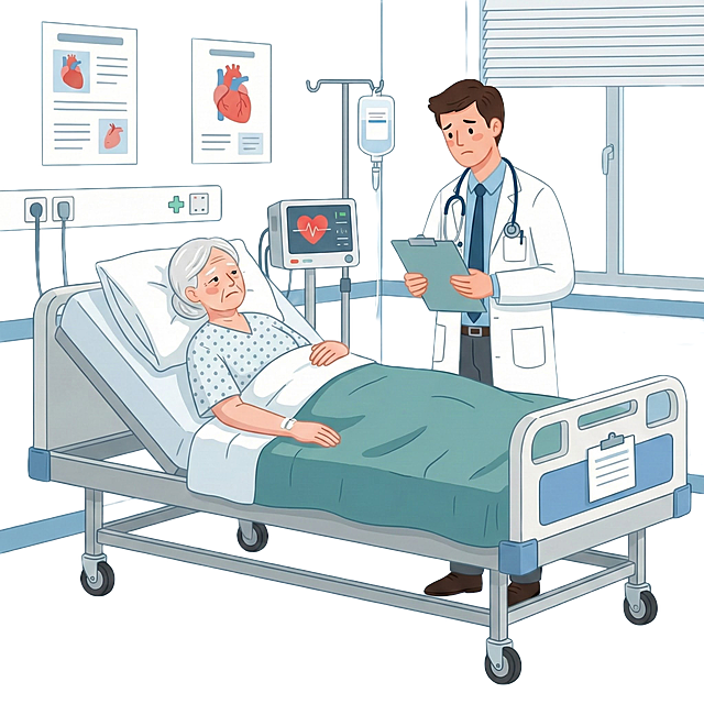 让图中老奶奶躺在病床上，旁边有个医生正在观察病情，把途中的长椅、植物、狗和老爷爷都去掉