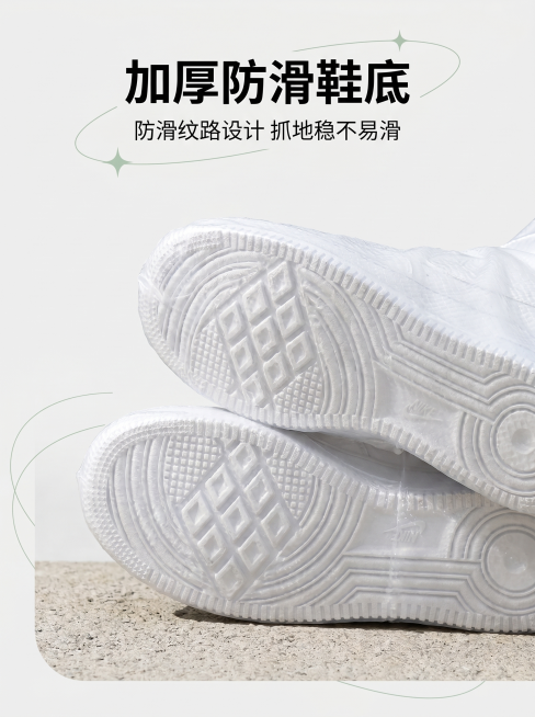 一次性防水雨靴套卖点图1：加厚防滑设计，比例3:4。特写放大展示雨靴套底部防滑纹理，纹理清晰可见，放在干燥地面上，突出防滑纹路质感。大标题"加厚防滑鞋底"，副标题"防滑纹路设计 抓地稳不易滑"，保持产预览效果
