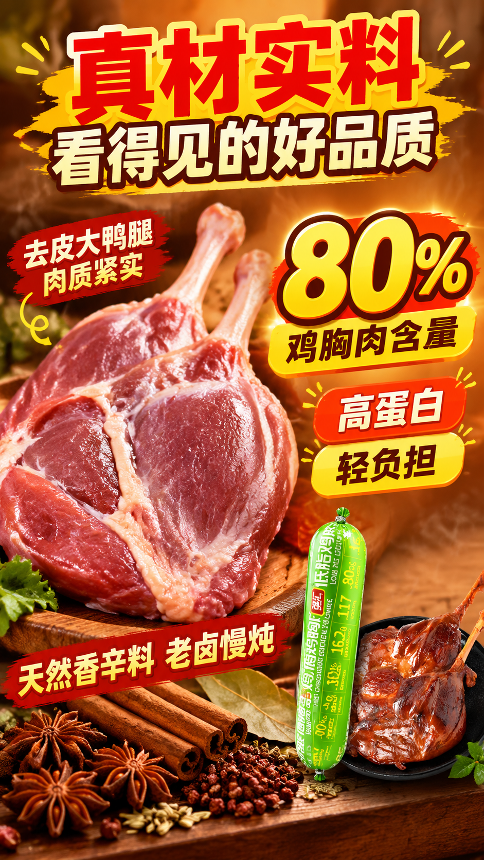 [商品] 使用【图1】鸡胸肉肠包装和鸭腿产品作为成分页辅助露出… - 图片创意预览