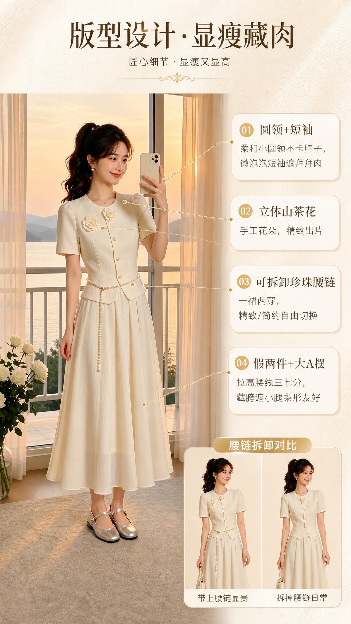 [商品] 使用【图1】米白小香风假两件套装连衣裙；商品处理：保… - 图片创意预览