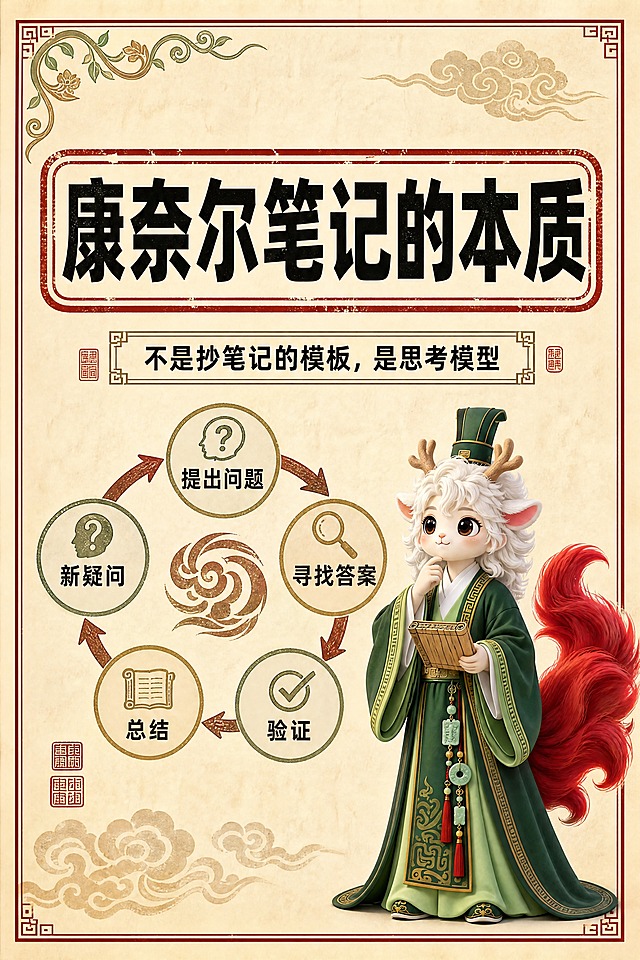 小红书笔记大字封面，配图大字，国风山海经风格，米黄色宣纸纹理背景、朱红色印章式标题框、黑色粗黑体标题字、回纹边框、祥云卷草纹边角装饰，整体典雅国风气韵。版式精美，小红书笔记封面质感，适合信息流点击。主标题必须完整呈现且为画面视觉中心，逐字锁定：「康奈尔笔记的本质」。主标题字号占画面约 30% 视觉权重，清晰可读，不得增删改字。副标题：「不是抄笔记的模板，是思考模型」。背景：米黄色宣纸纹理纯色底，带轻微做旧质感。标题排版：黑色粗黑体，主标题置于朱红色印章式圆角矩形框内，白边描边。配图：画面中央展示一个环形思考模型流程图（提出问题→寻找答案→验证→总结→新疑问），鹿蜀小神兽（绿金古装，手持竹简，红尾巴）站在流程图旁做思考状，大小适中。装饰：右上角加祥云图案；左上角加卷草纹国风装饰；副标题用回纹细线框装饰；加少量国风印章小元素点缀。整体氛围：国风典雅、教育干货、深度认知、引人思考。画质：高清细腻，信息层级清晰，文字与背景强对比，所有文字完整处于安全区内不可裁切，四周留安全边距。图生图：【图1】= 鹿蜀小神兽全身像抠图，作为IP主体形象展示。画面比例 2:3，4K。