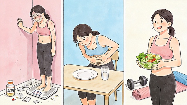 反对极端减重主题手绘插画，提示过快减重、断食减重的危害，传递科学减重观念，手绘插画风格，整体风格醒目柔和，画面无任何文字