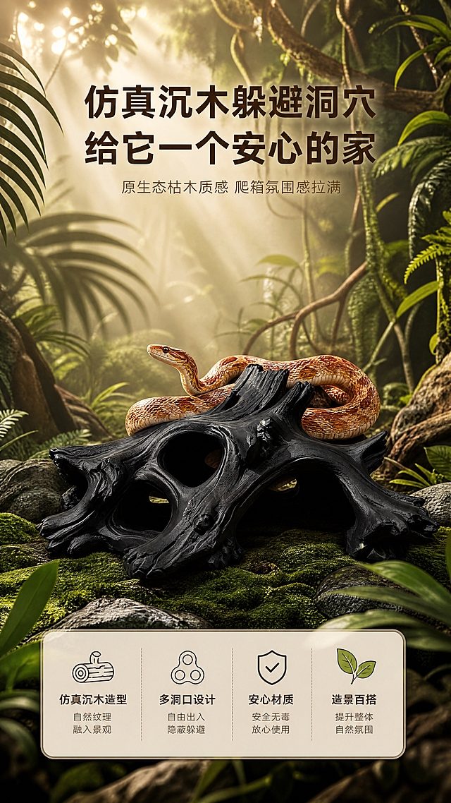[商品] 使用【图4】玄墨沉木款（黑色）仿真沉木躲避洞穴；保留产品完整结构、多洞口设计、拱形顶部、枯木纹理、哑光黑色材质；产品朝向正面微侧45度。
[画面] 第1张 首屏KV海报，目标营造沉浸式原生态雨林氛围，建立高级产品第一印象；构图采用上下分层，上半部分为雨林造景环境，下半部分产品为视觉中心；产品占画面约50%，位于画面中下部，一条玉米蛇自然盘绕在产品拱形顶部，蛇头微抬；背景为茂密热带雨林植物，有蕨类、藤蔓、苔藓石块，顶部有丁达尔光效光束穿透树叶洒下；画面左侧有棕榈叶剪影光影；整体氛围神秘高级有自然质感。
[视觉] 套系策略：风格=高级原生态自然商业摄影；标题字=现代无衬线粗体 字形稳重；正文字=简洁无衬线体；主色=暖米棕；背景延展=基于暖米棕做深浅层级 同色渐变 自然植物纹理；强调色=苔藓绿 仅用于小面积图标 引线 标签；标题色=深炭棕色；正文色=暖灰褐色；组件=圆角浅米色信息卡 细深棕引线 线性自然图标；光影=左上侧暖自然光 丁达尔光束 阴影柔和有层次。
[文字] 画面上方居中主标题两行大字：第一行"仿真沉木躲避洞穴"，第二行"给它一个安心的家"；主标题下方小字副标题"原生态枯木质感 爬箱氛围感拉满"；文字不遮挡产品主体。
[规格] 图片比例9:16竖版，4K，避免变形、错字、文字过小、产品悬浮、穿模、蛇畸形、冷蓝/冷灰背景、产品颜色改变。