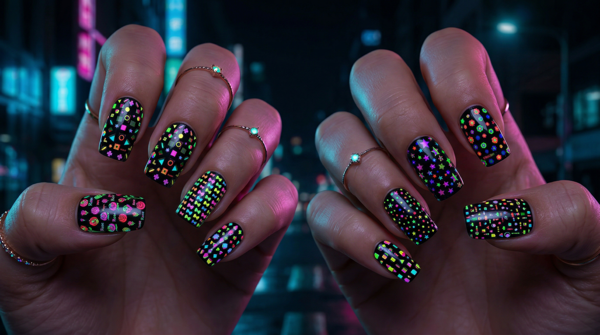 保持原图中各类夜光美甲贴纸的图案和发光特征不变，展示欧美女性做完的美甲成品，不同款式的彩色夜光美甲贴纸贴在指甲上，夜晚环境下自然发光，超清时尚美甲摄影，16:9构图预览效果