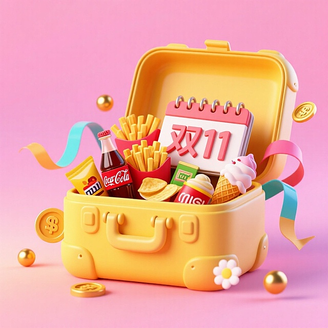 软3D风+粘土质感，卡通化行李箱满载零食与“双11”日历，波普色彩碰撞，萌趣十足，营造可爱喜庆的促销氛围。