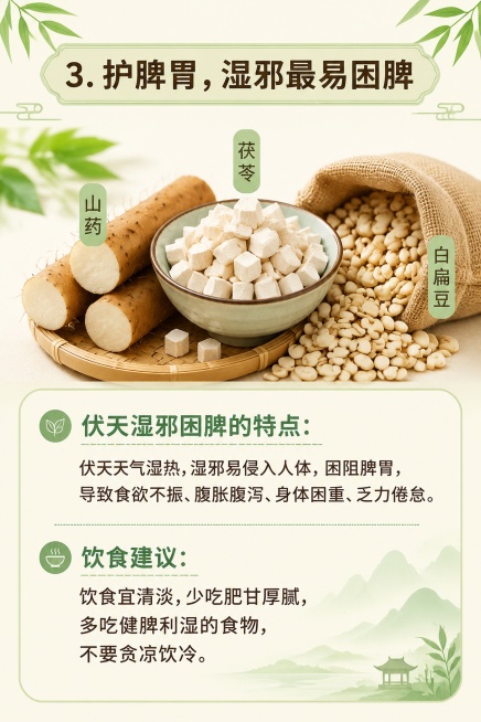 [第5屏] 伏天养生核心要点三：护脾胃，湿邪最易困脾。[氛围/风格] 专业清晰的科普风格，干净清爽，自然养生氛围。[元素布局] 顶部放置要点标题，中间展示山药、茯苓、白扁豆等健脾食材组合图，下方介绍核预览效果