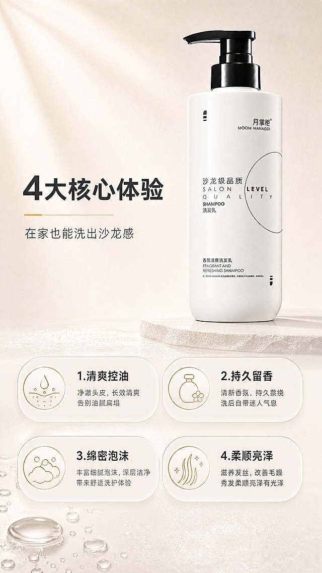 [商品] 使用【图1】月掌柜香氛清爽洗发乳；保留白色圆柱瓶身、黑色按压泵头、所有瓶身Logo与文字内容、线条图案，不改变瓶型、颜色和材质。
[画面] 目标：核心卖点利益icon页，4大核心利益一目了然。产品位于画面上半部分偏右，占画面约45%，正面角度；下半部分为4个圆形/胶囊形利益icon横向两排排布，每个icon配简约线条图标和短标题；背景为浅米白渐变+细腻哑光纹理，左下角点缀少量透明水珠，整体干净通透，阅读动线从上到下、从左到右。
[视觉] 套系策略：风格=高级沙龙感极简商业摄影；标题字=现代无衬线粗体中文；正文字=简洁无衬线体；主色=米白+炭黑；背景延展=基于米白/浅灰做深浅层级、同色渐变和细腻雾面/石材质感；强调色=暖香槟金，仅用于小面积图标、引线、标签或局部光效；标题色=深炭黑；正文色=中暖灰；组件=圆角浅底信息卡、细线引线、胶囊形标签；光影=左前侧柔暖主光+右侧轮廓光。
[文字] 顶部左侧主标题"4大核心体验"，副标题"在家也能洗出沙龙感"；4个卖点icon分别为：1.清爽控油 2.持久留香 3.绵密泡沫 4.柔顺亮泽；每个icon下配1句短说明；全部文字横排，字号保证手机端清晰可读，不遮挡产品主体。
[规格] 图片比例9:16竖版，4K，避免变形、错字、文字过小、冷蓝/蓝灰背景、瓶身文字错乱、绝对化极限词。