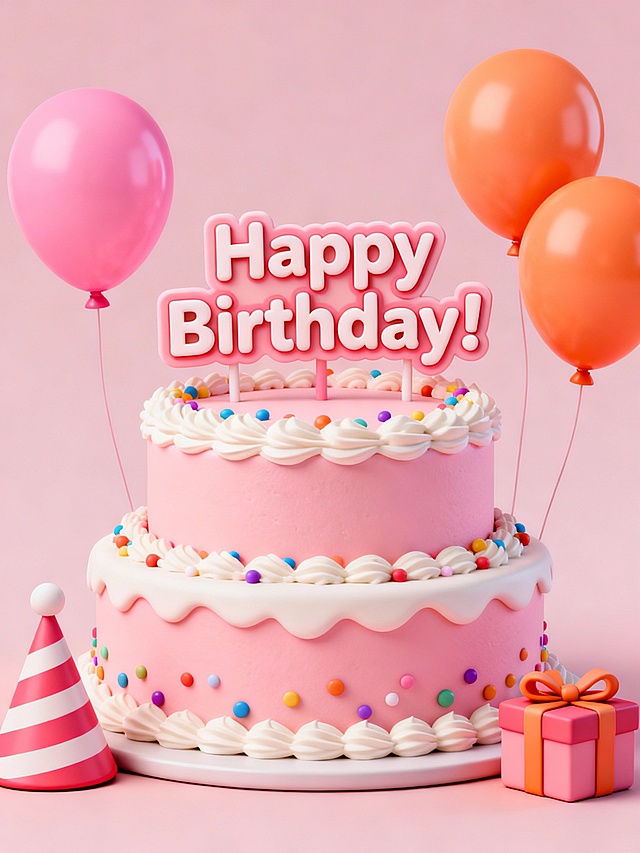 一个3D卡通风格的生日蛋糕，3D渲染质感、圆润可爱的造型风格、柔和光影及细腻材质表现，规整排布于同一画面中。粉色系双层生日蛋糕，装饰有奶油花边、彩色糖珠、写有“Happy Birthday!”的立体字母牌、粉色和橙色气球、条纹生日帽、礼物盒；，画面整洁有序，信息传达清晰。
