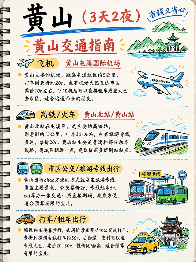 手绘笔记本风格的黄山旅游攻略第5页交通指南，竖版3:4比例，米白色纸张背景，左侧黑色螺旋线圈装订。顶部大标题黑色毛笔字体"黄山"，红色"（3天2夜）"，右上角蓝色手写体"省钱又省心"配简笔小山+亭子图案。蓝色粗横线。红色大标题"黄山交通指南"两侧黄色小短线。四个交通板块蓝色虚线分隔：1.飞机图标+黄色底标题"飞机"+红色下划线"黄山屯溪国际机场"，右侧配简笔手绘：蓝白色飞机+云朵。黄色圆点项目符号：黄山主要的机场，距离屯溪城区约5公里，打车到老街约20r，也有机场大巴直达市区，票价10r左右。下飞机后可以直接租车或坐大巴去市区，适合远道而来的朋友。2.高铁图标+黄色底标题"高铁/火车"+红色下划线"黄山北站/黄山站"，右侧配简笔手绘：蓝白色高铁列车+轨道绿树。黄色圆点项目符号：黄山北站在屯溪区，是主要的高铁站，到老街约15公里，打车30r左右，也有旅游专线直达，票价20r。黄山站主要是普速和部分动车线路，离城区稍近一点，建议提前查好到站站点。3.公交图标+黄色底标题"市区公交/旅游专线出行"，右侧配简笔手绘：地铁+绿色公交车+站台。黄色圆点项目符号：黄山出行chao方便的方式就是坐旅游专线，覆盖主要景点，公交票价2r，专线起步5r。tui荐办一张交通卡或直接刷码，换乘方便，适合预算有限的宝儿。4.出租车图标+黄色底标题"打车/租车出行"，右侧配简笔手绘：黄色出租车+徽派古楼背景。黄色圆点项目符号：城区内主要靠步行，去周边景点可以坐公交或打车；老街到徽州古城打车约50r，去西递、宏村可以坐专线大巴，票价20-30r，性价比hin高，适合预算有限的宝儿。可爱手绘简笔画马克笔风格，和参考图风格1:1一致。