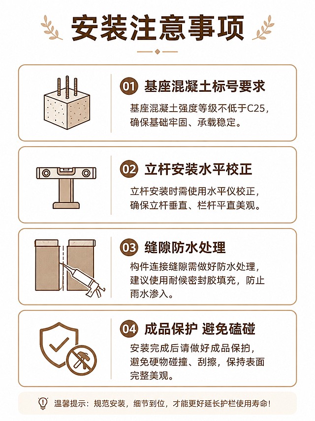[第9屏] 仿木混凝土护栏安装注意事项说明。使用要点卡片版式。
[氛围/风格] 温馨提示风格，清晰明了，帮助客户正确安装，避免问题。
[元素布局] 顶部主标题，下方排列4个圆角提示卡片，每个卡片讲一个核心注意事项：1. 基座混凝土标号要求，2. 立杆安装水平校正，3. 缝隙防水处理，4. 成品保护避免磕碰；每个卡片配简约提示图标，直观易读。
[光影质感] 均匀柔和光线，卡片清晰，文字可读，无杂乱阴影。
[配色色系] 全局底色 #F8F9FA，卡片浅棕色边框白色背景，图标深棕色，文字深棕色，风格干净专业。
[视角构图] 纵向排列四个卡片，每个卡片大小一致，从上到下阅读，动线清晰。
[文字版式] 顶部主标题「安装注意事项」，每个卡片标注对应的注意要点，文字简洁清晰，移动端阅读舒适。
[比例分辨率] 宽高比3:4，宽度1080像素，高度1440像素，4K分辨率，文字清晰可辨。
[负向提示词] 文字错乱，排版拥挤，图标模糊，颜色刺眼，水印